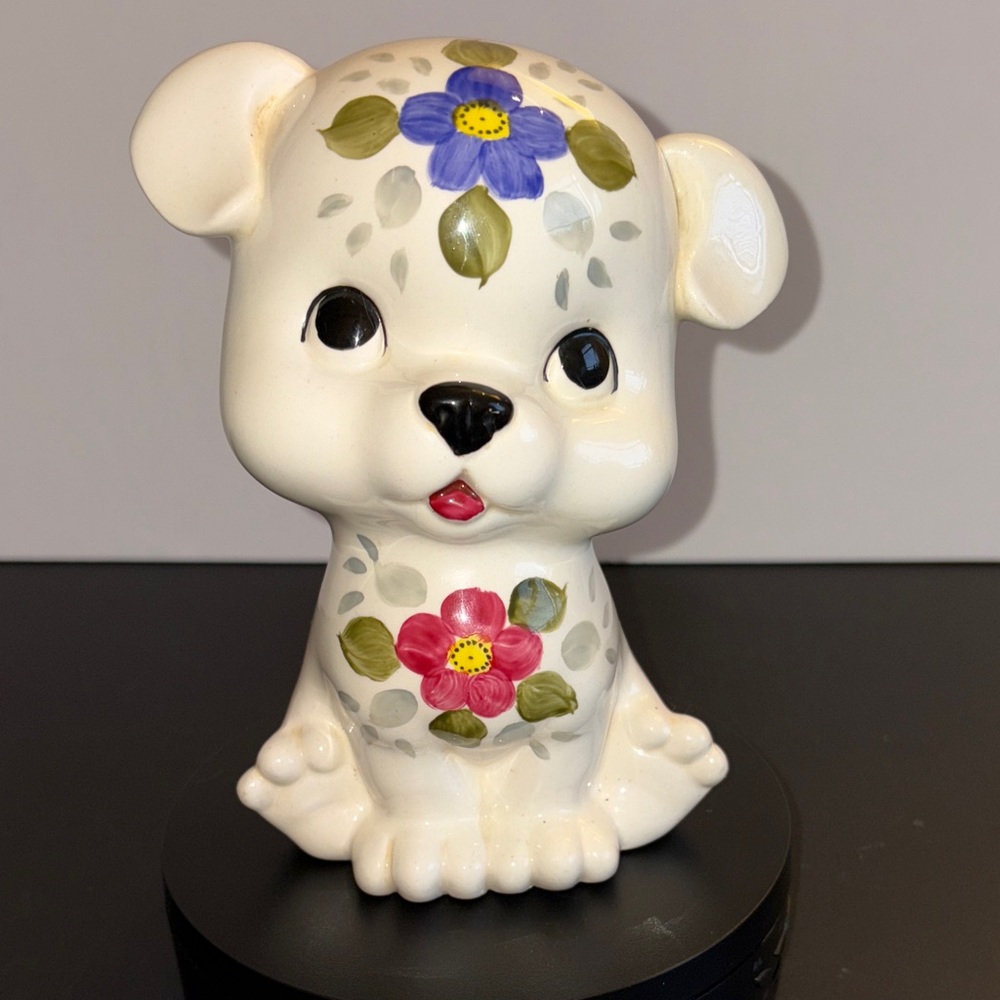 Ceramic Puppy Figurine Piggy Bank Japan Floral Accents Hand Painted Cute Derpy